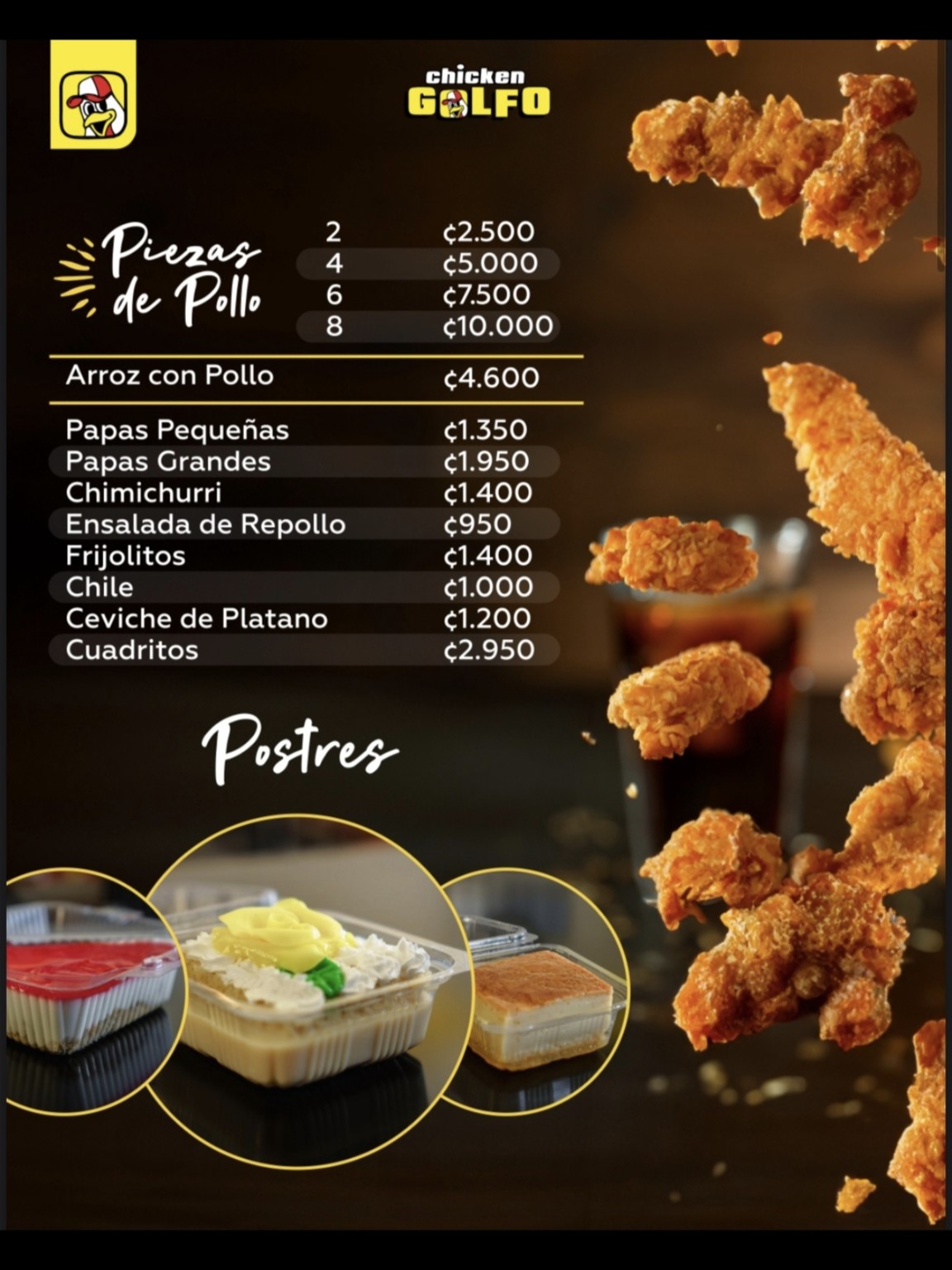 Piezas de pollo y postres